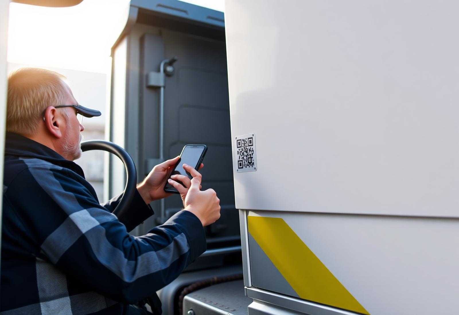 A New Zealand truck driver scanning a QR code on the side of a heavy goods vehicle